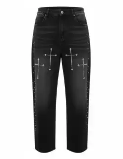 Rhinestone Cross Black Wash Baggy Jeans