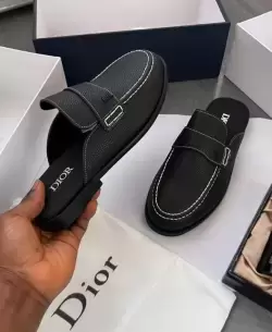 Dior Black Grained Leather Loafer Mules with Contrast Stitching