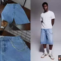 Men’s Wide-Leg Light-Wash Denim Shorts with Silver Chain Detail
