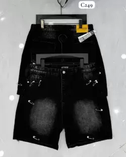 Safety-Pin Embellished Black Denim Shorts